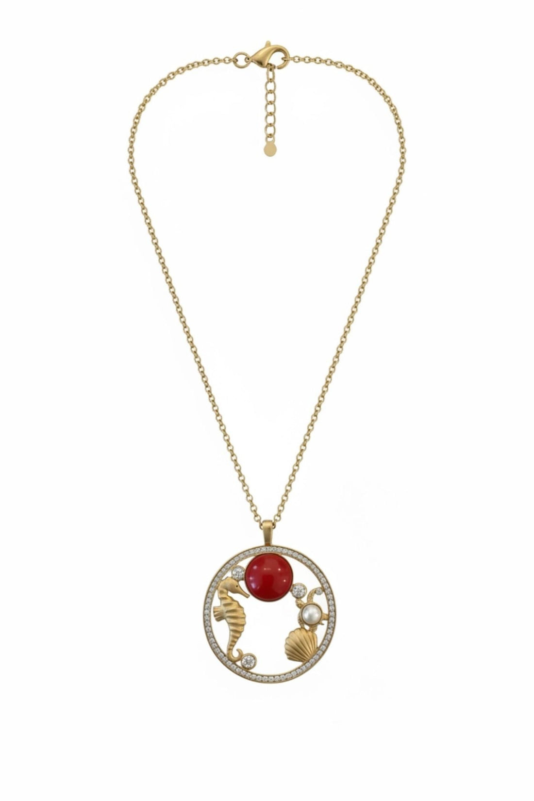 Gold-tone seashell pendant necklace with red coral bead and circular charm