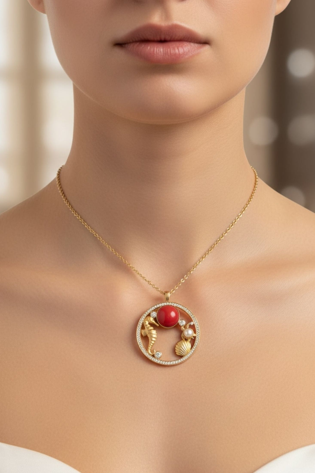Gold-tone coral bead pendant necklace on chain, round charm with seashell accents