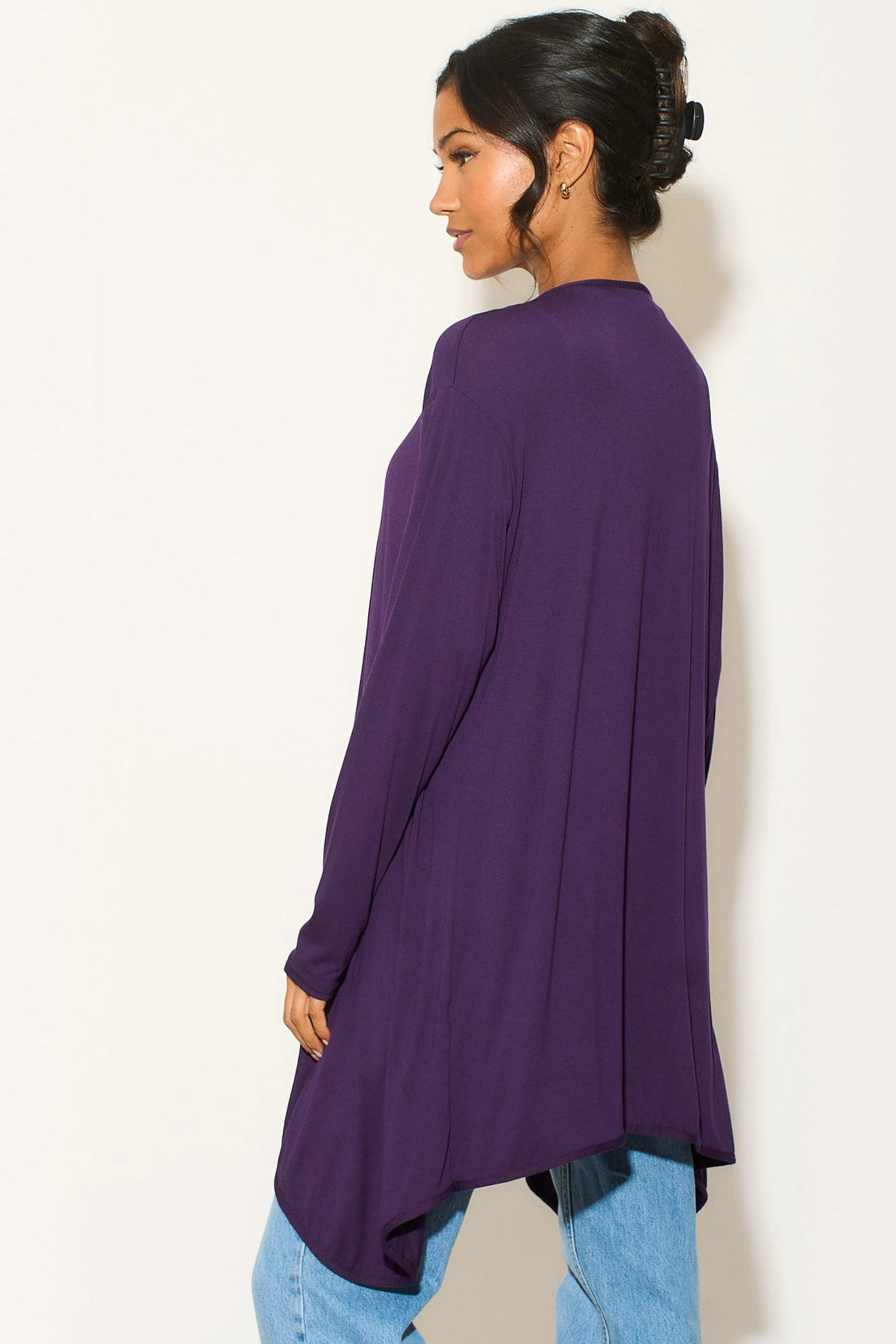 Purple waterfall cardigan, back/side view with long sleeves and flowing drape