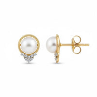 Solid 14k Gold Diamond and Pearl Empress Earrings-3