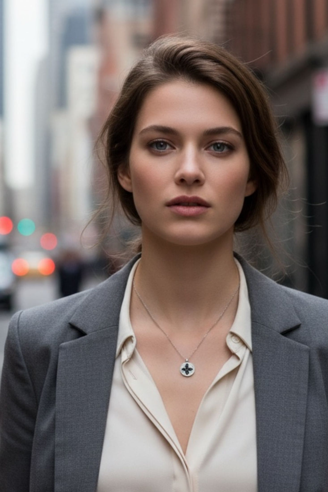Silver necklace with circular four-leaf clover pendant worn at the collarbone