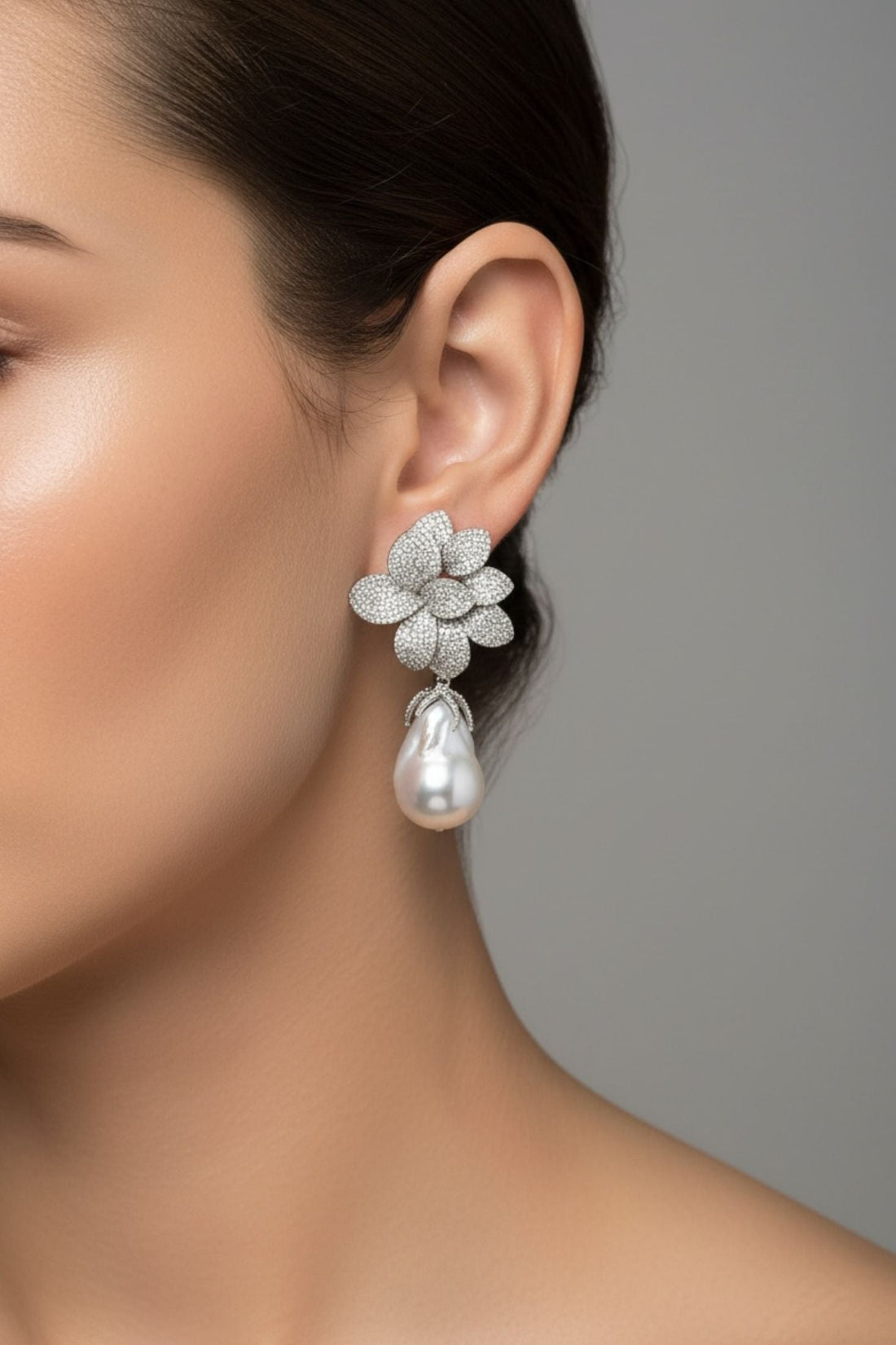 Amaryllis Flower Baroque Pearl Drop Earrings White Silver-1