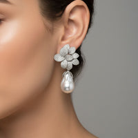Amaryllis Flower Baroque Pearl Drop Earrings White Silver-1