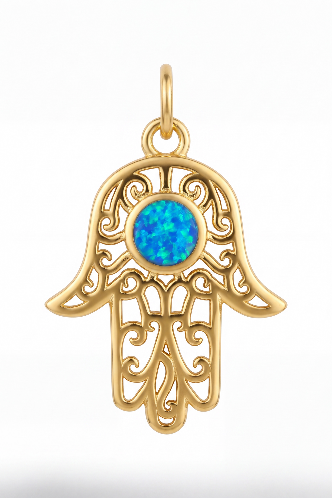 Hamsa Hand Filigree Blue Opal Pendant Necklace Gold-4