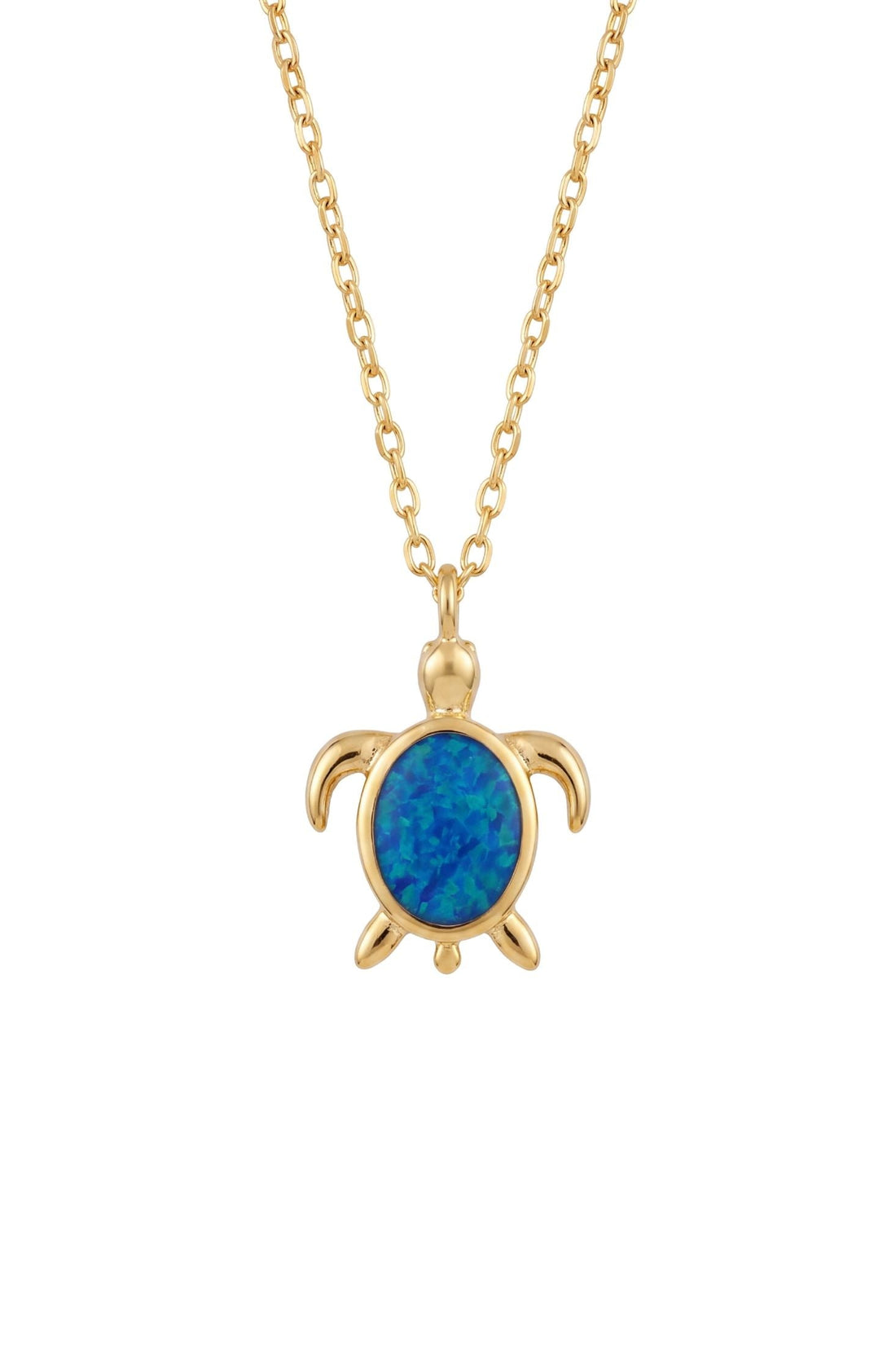 Gold sea turtle pendant necklace with blue oval opal stone and linked chain.