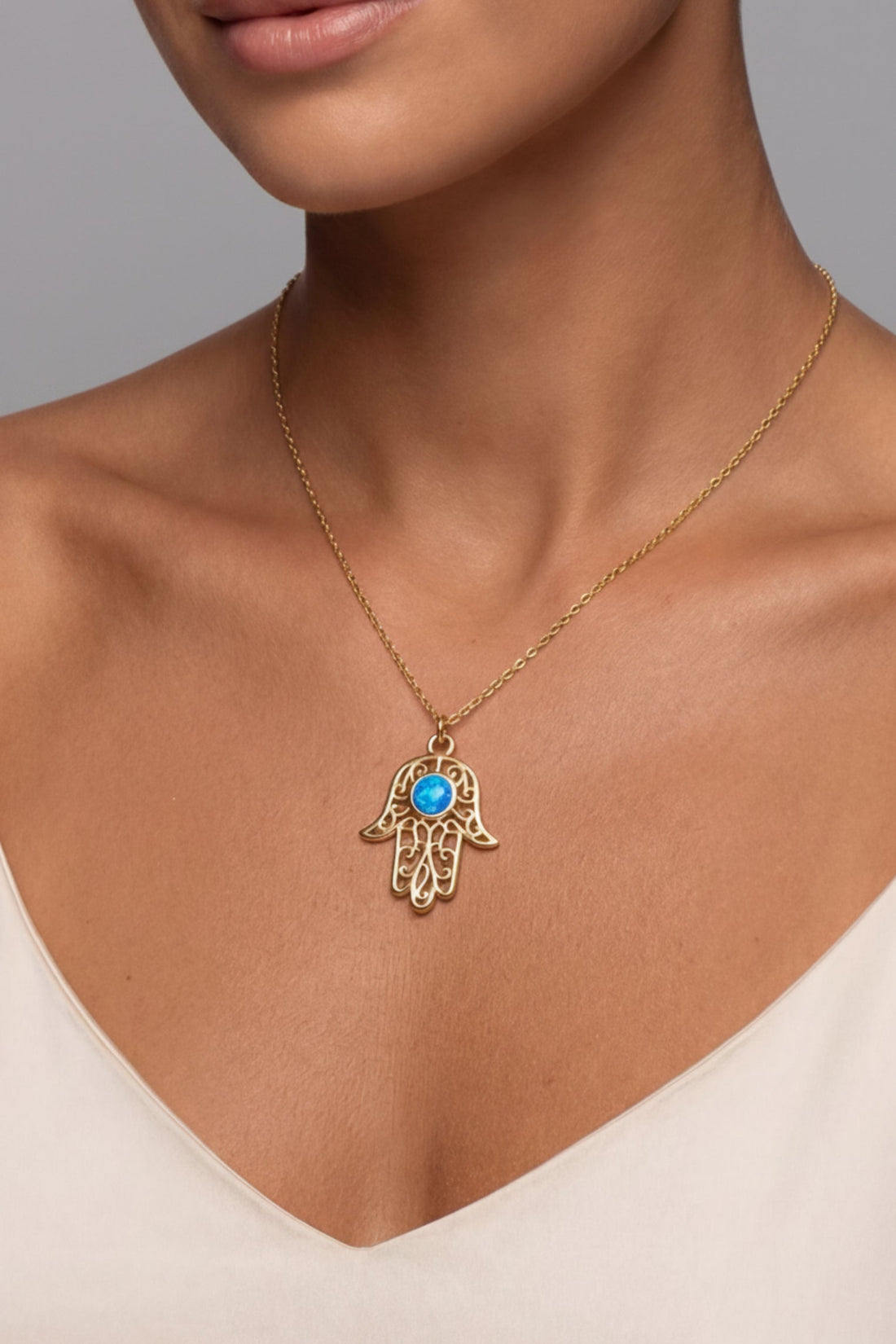 Hamsa Hand Filigree Blue Opal Pendant Necklace Gold-2