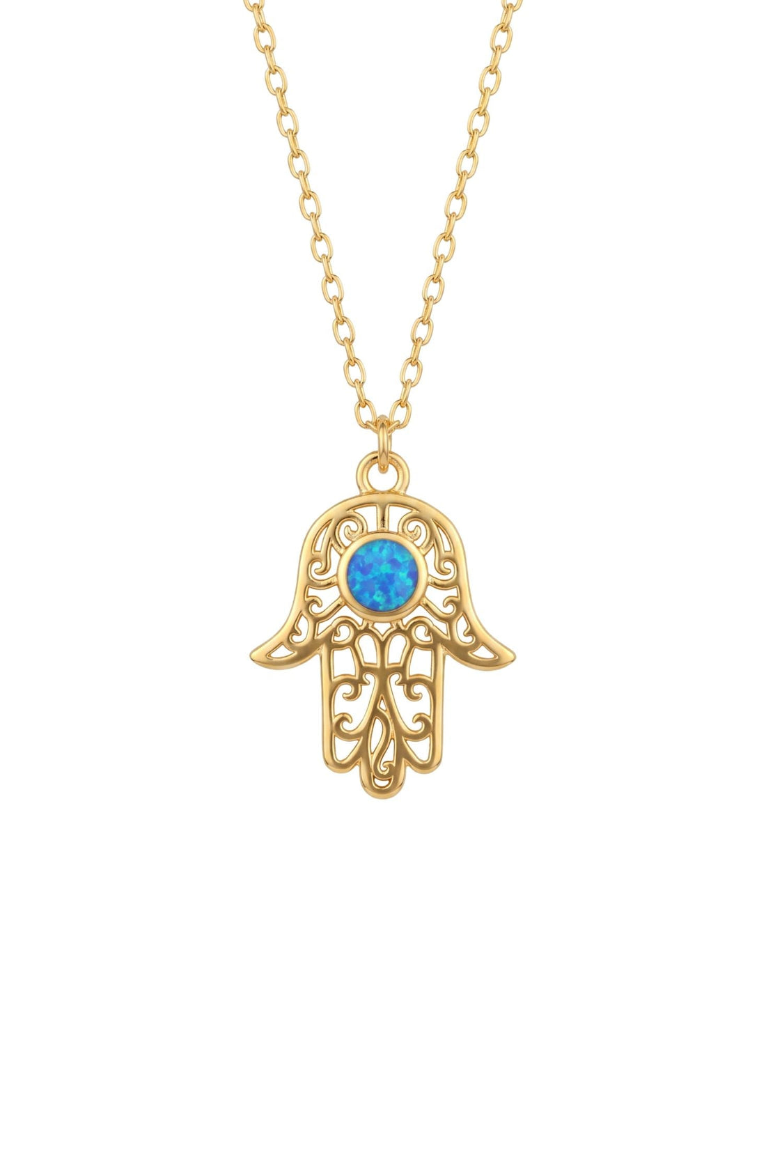 Hamsa Hand Filigree Blue Opal Pendant Necklace Gold-0