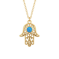 Hamsa Hand Filigree Blue Opal Pendant Necklace Gold-0