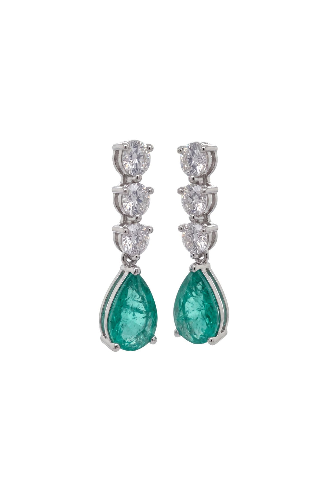 Silver triple drop earrings with teal pear stones and three-tier round crystal clusters