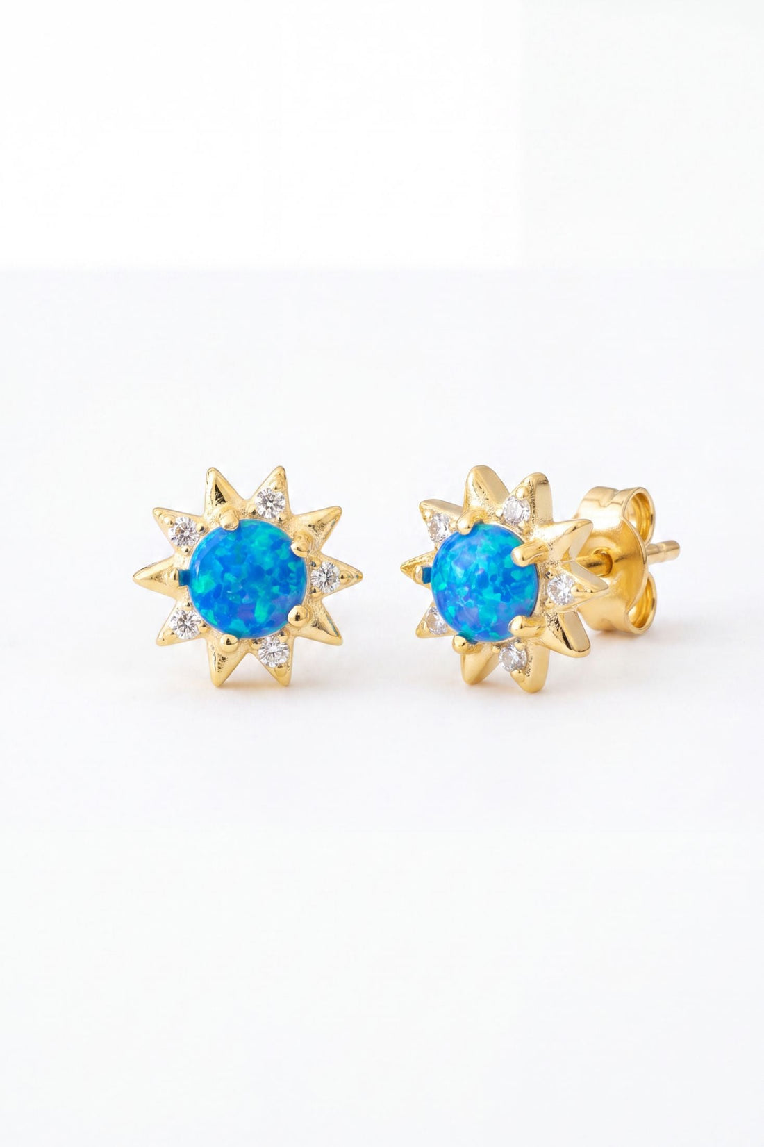 Gold sunflower blue opal stud earrings with butterfly back clasp