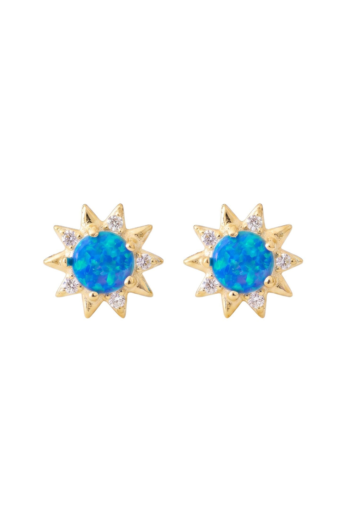 Gold sunflower stud earrings with blue opal center and crystal starburst rays