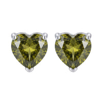 Silver heart stud earrings with peridot-green faceted gemstones