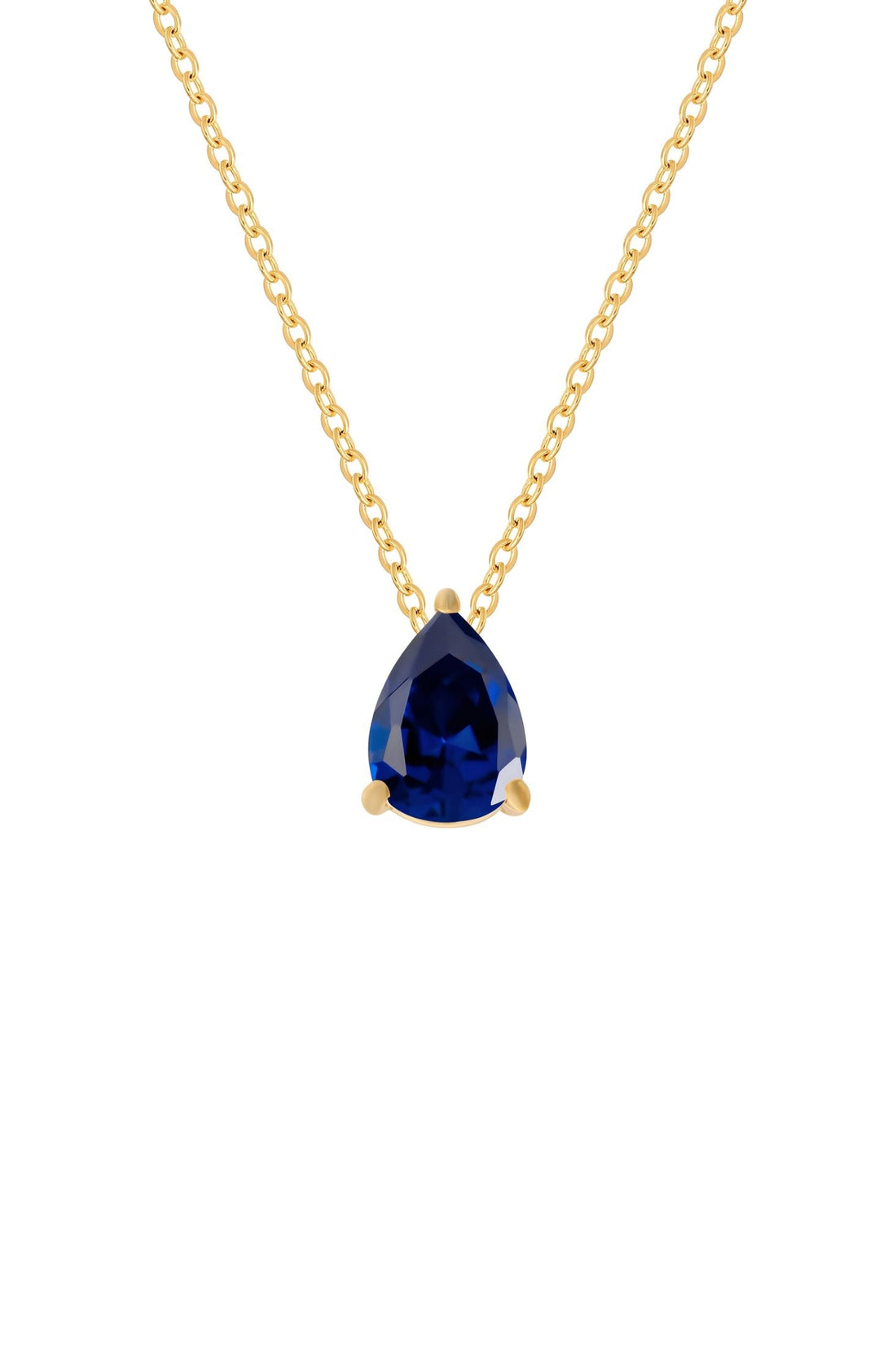 Gold teardrop necklace with sapphire-blue gemstone pendant