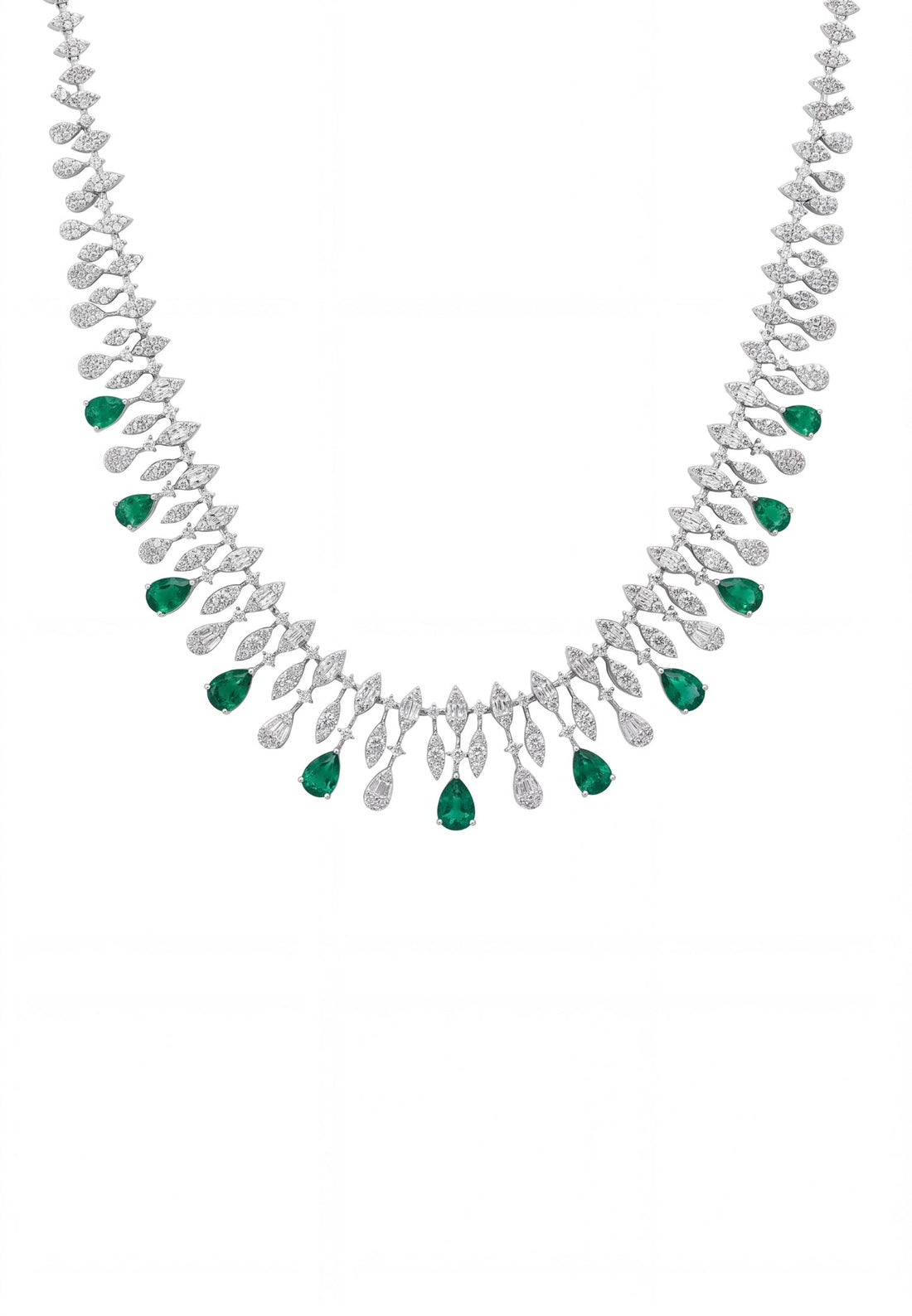 Silver-tone choker necklace with emerald-green teardrop stones and clear accents