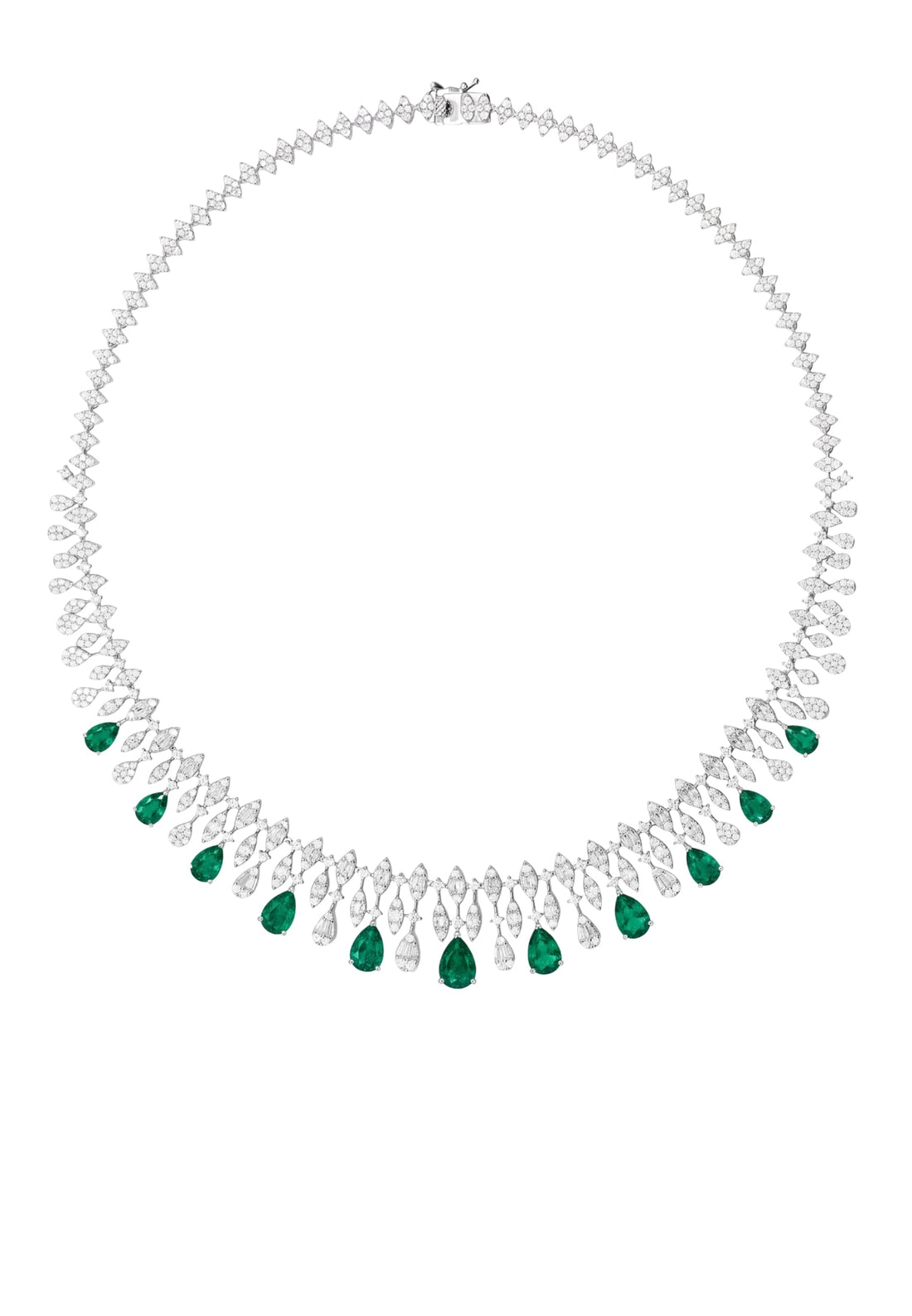 Silver-tone choker necklace with emerald-green teardrop beads and teardrop pendants