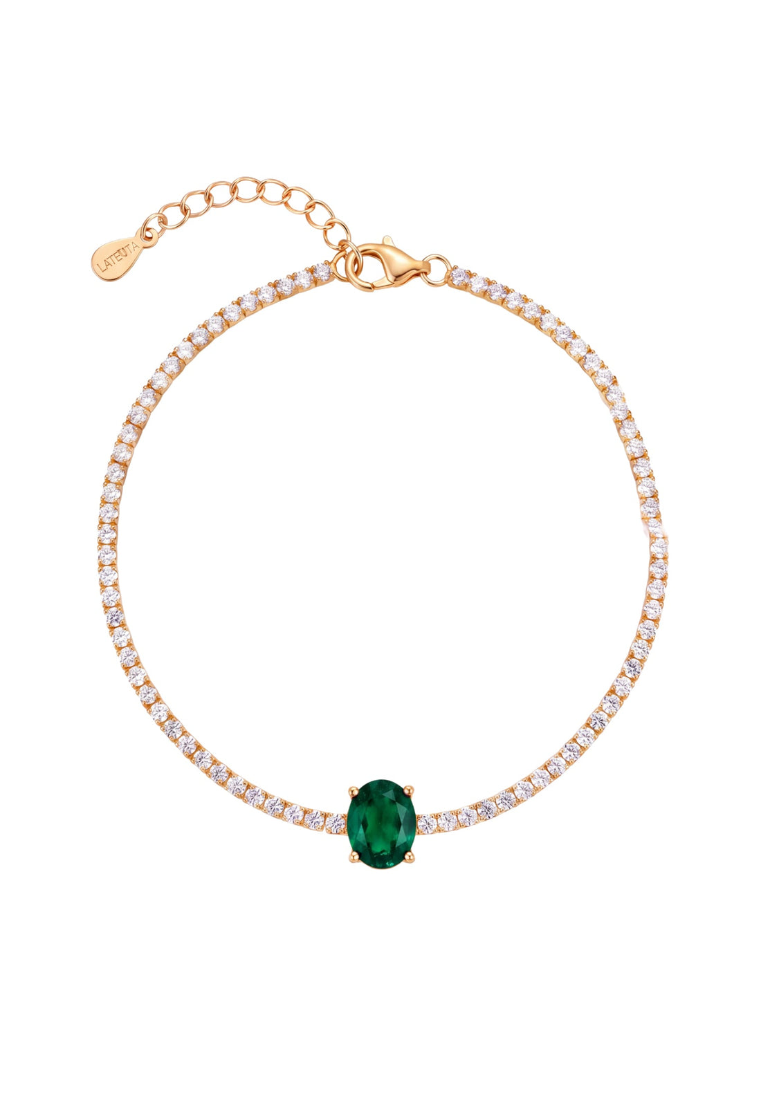 Gold tennis bracelet with oval emerald centerpiece and clear stones