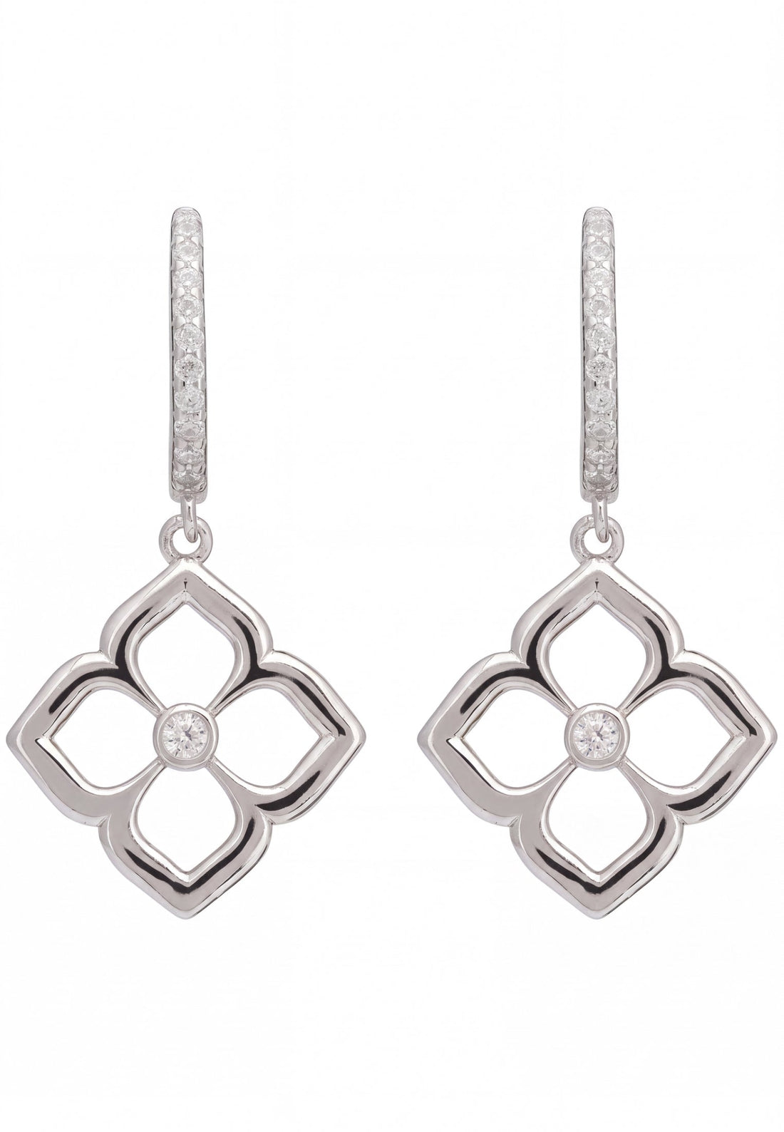 Open Pointed Clover Flower Drop Earrings Silver-0