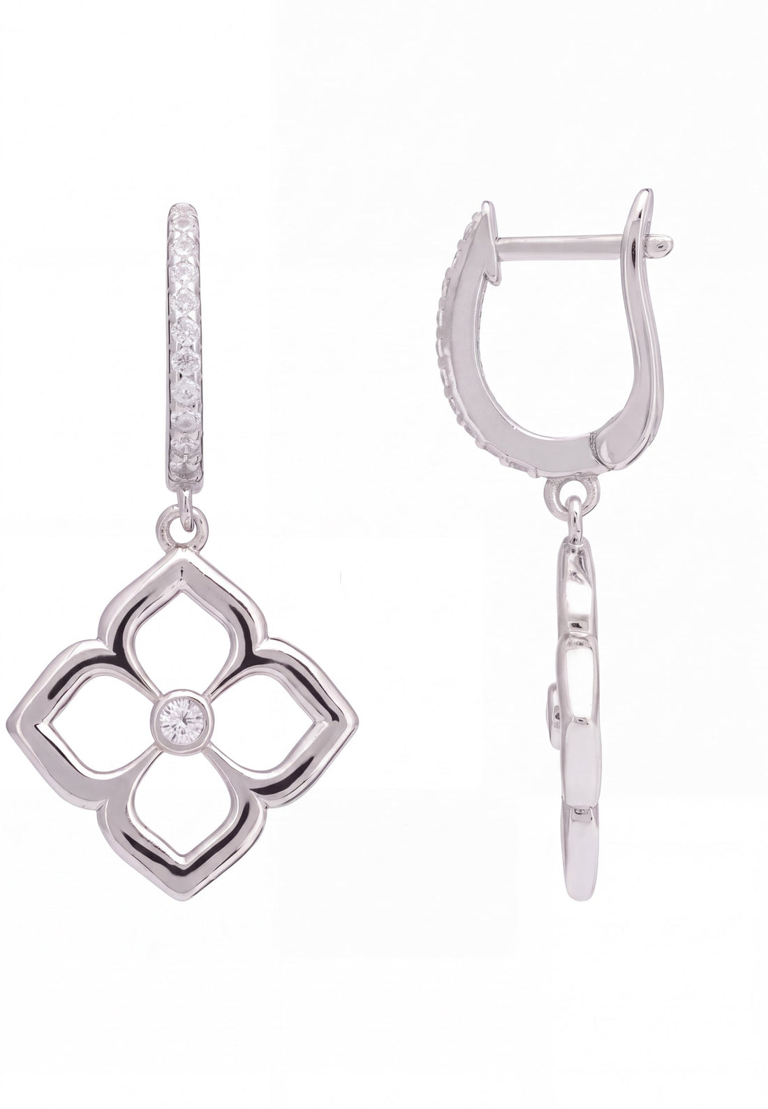 Open Pointed Clover Flower Drop Earrings Silver-3