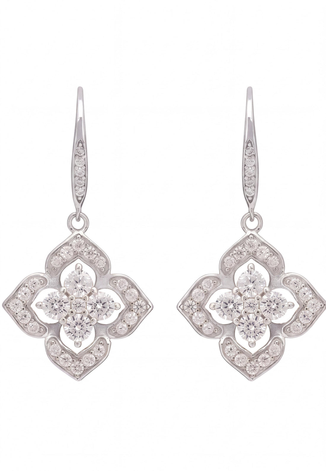 Silver CZ clover flower drop earrings with pointed elongated hooks