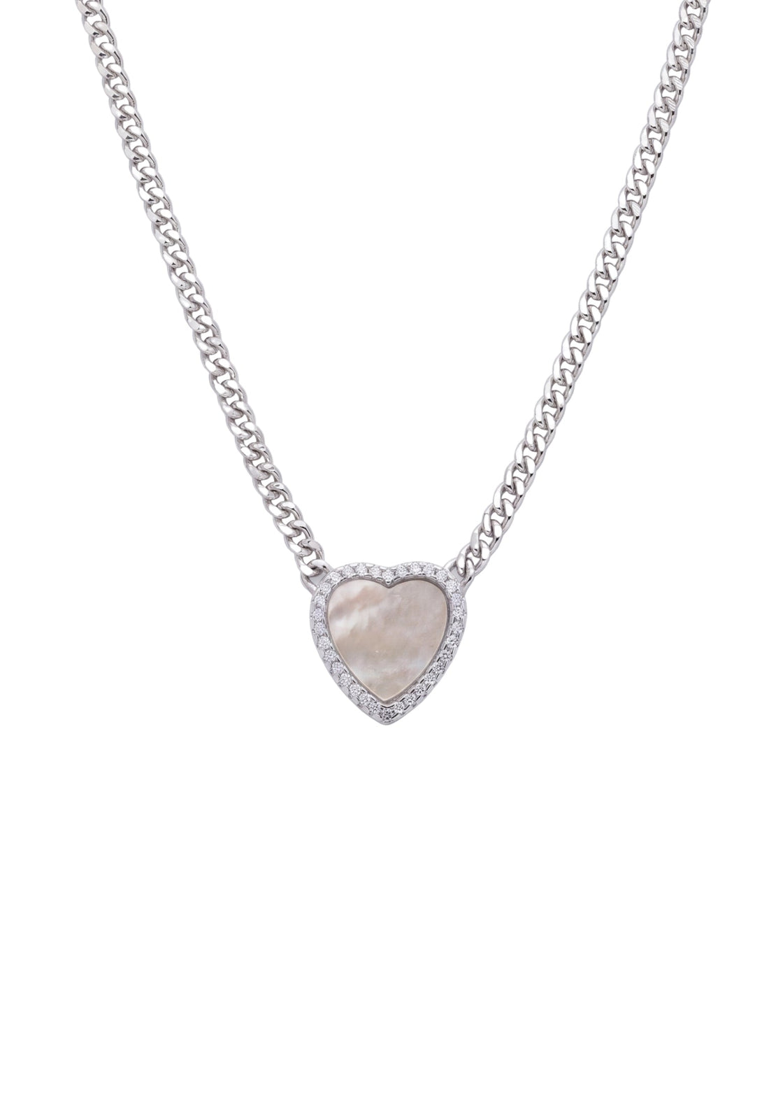 Silver chain necklace with heart mother-of-pearl pendant, small link detail