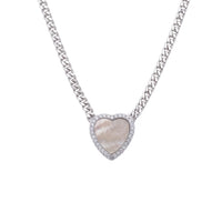 Silver chain necklace with heart mother-of-pearl pendant, small link detail