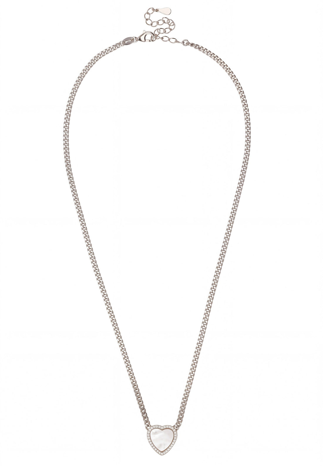 Silver chain necklace with heart-shaped mother-of-pearl pendant and small clasp