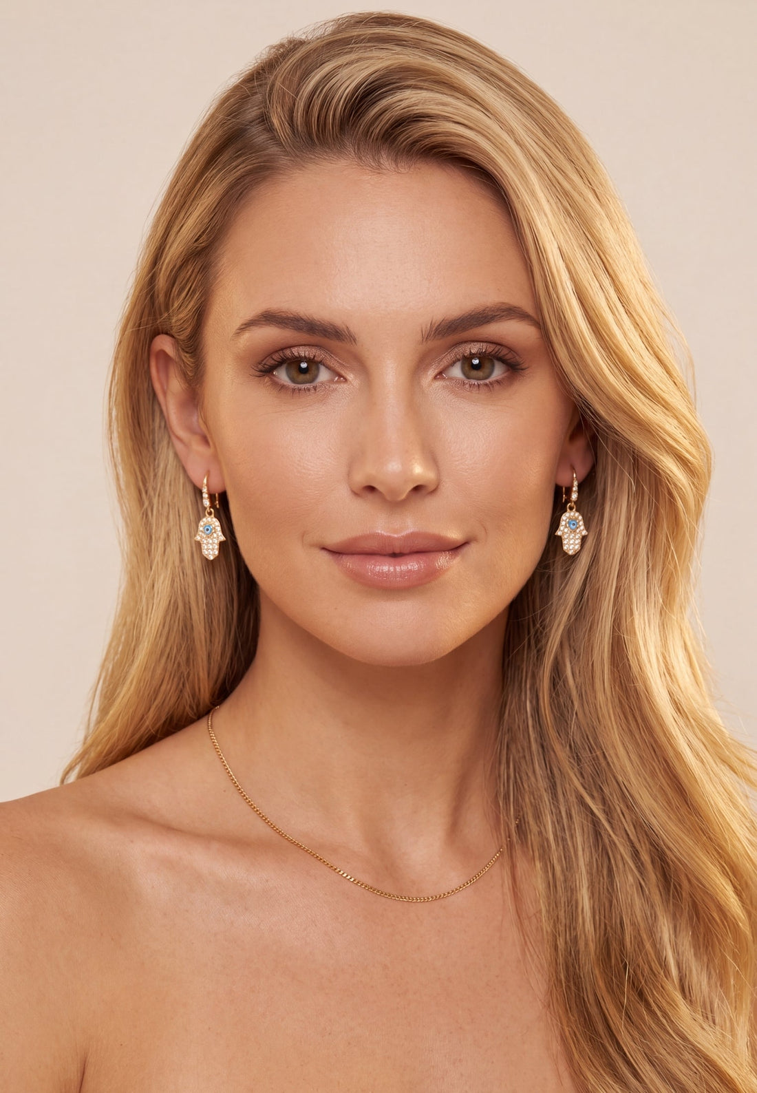 Hamsa Hand Drop Earrings Gold-2