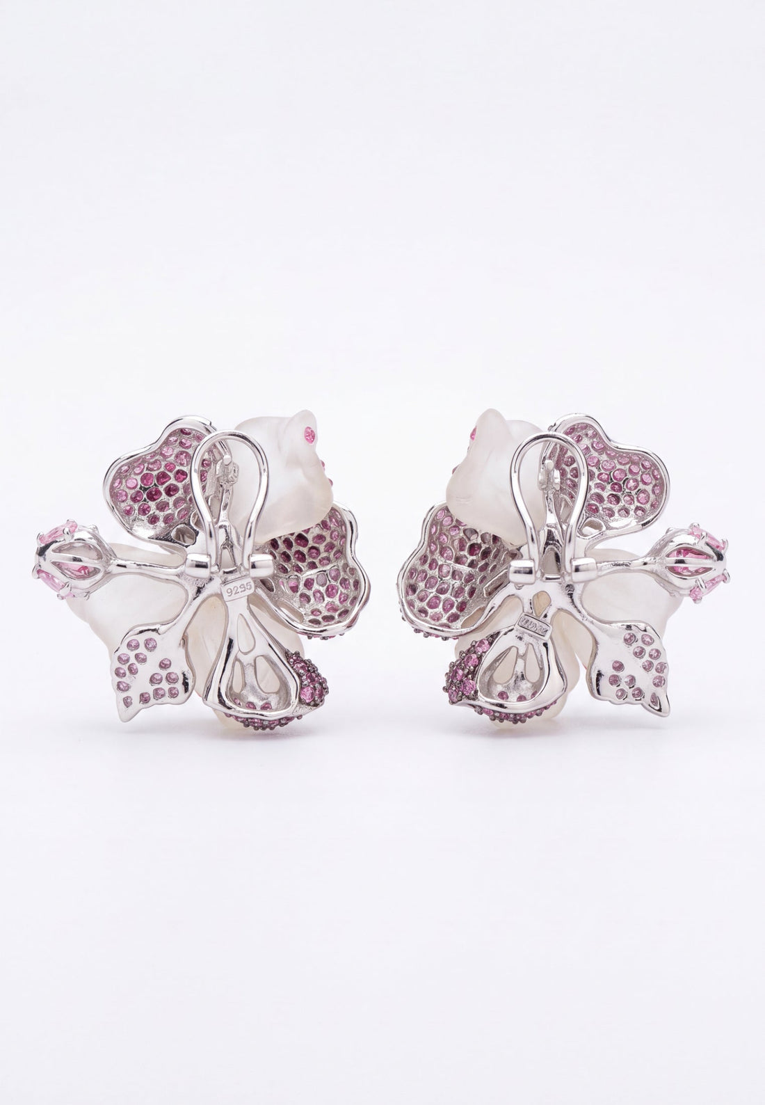 White Jade Ruby Rose Flower Stud Earrings Silver-2
