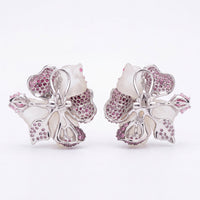 White Jade Ruby Rose Flower Stud Earrings Silver-2