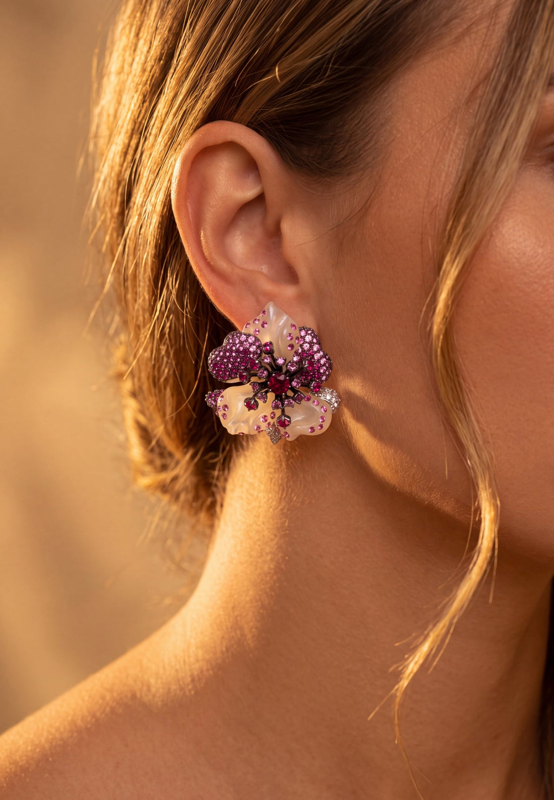 White Jade Ruby Rose Flower Stud Earrings Silver-1