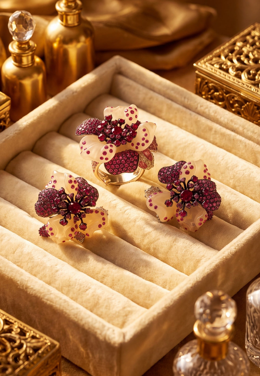 White Jade Ruby Rose Flower Stud Earrings Silver-3