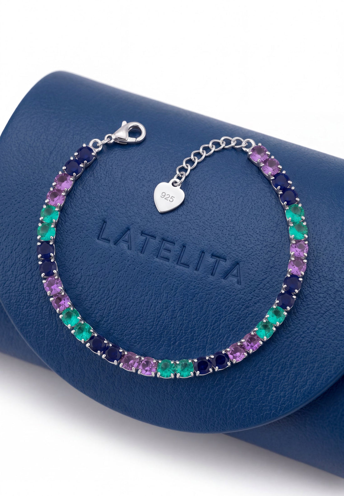 Silver multicolor gemstone tennis bracelet with clasp and 925 charm