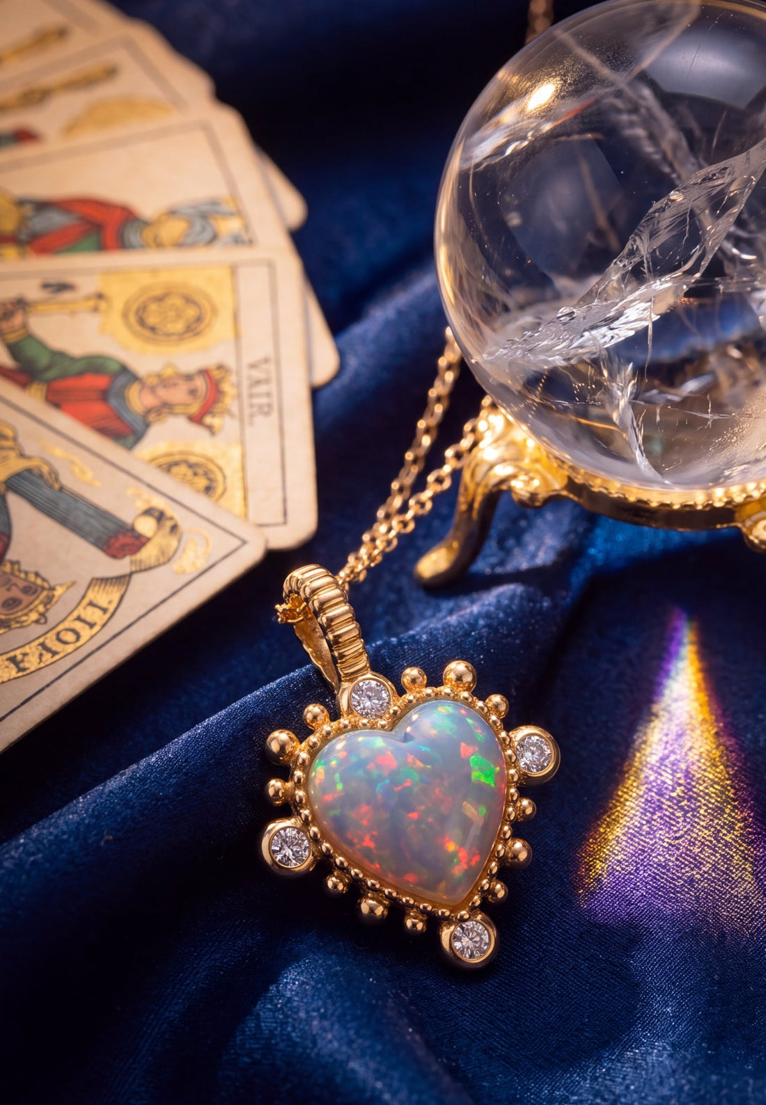 Gold heart pendant necklace with iridescent opal center and round sparkle stones