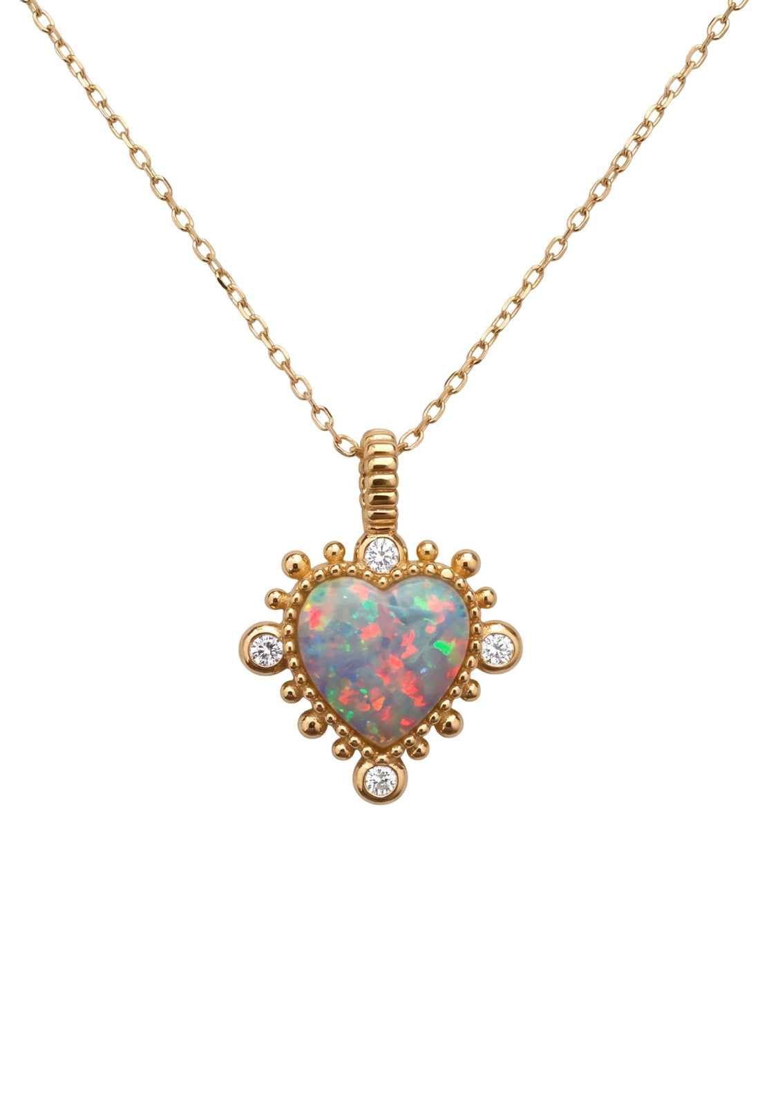 Gold heart pendant necklace with opal-like iridescent center and small round accents