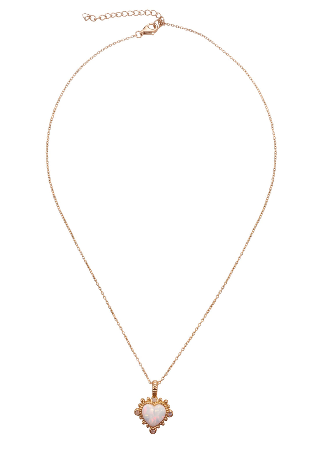 Gold heart pendant necklace with iridescent opal center, thin chain and clasp