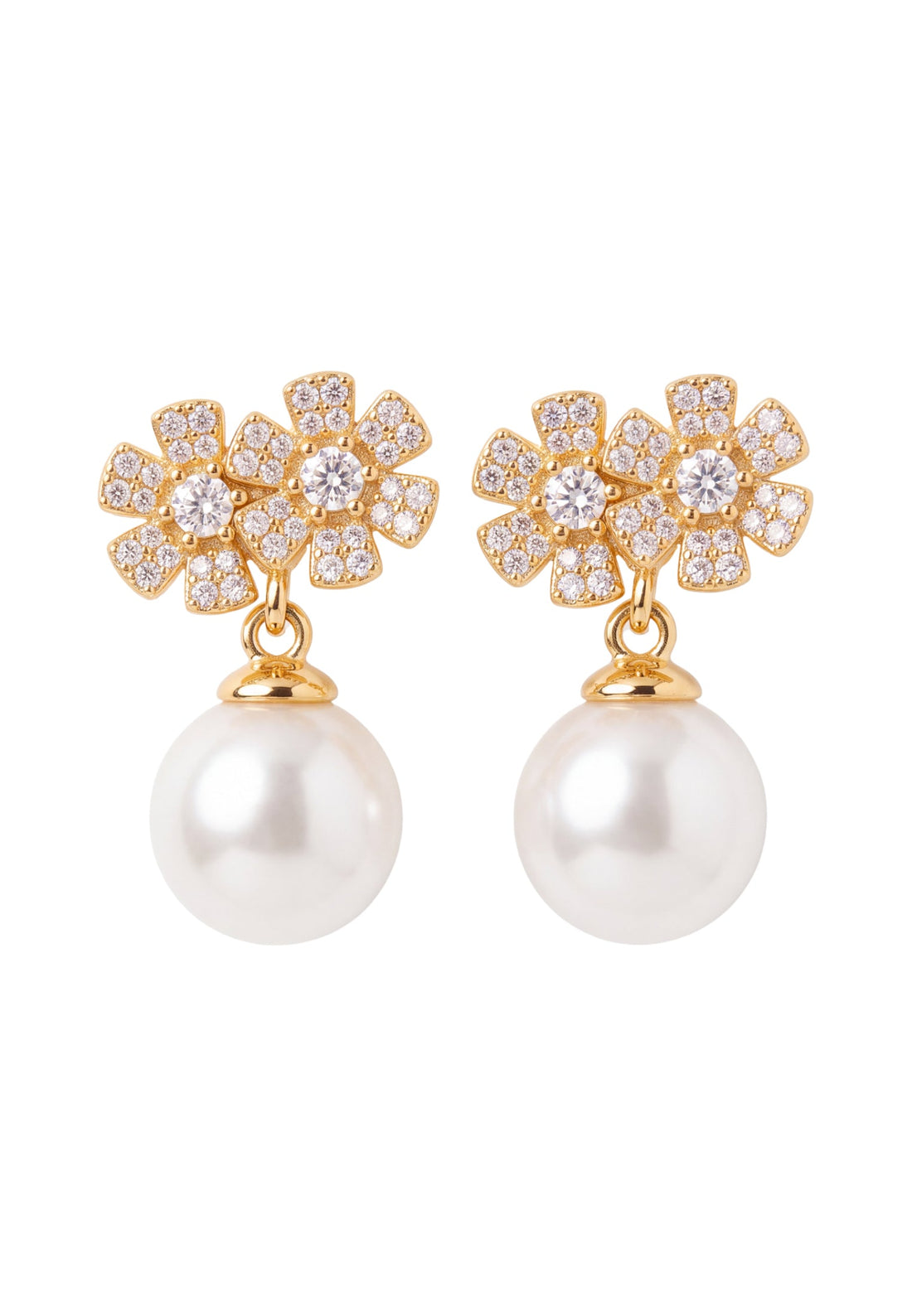 Gold-tone flower cluster pearl drop earrings with round faux pearls and crystal accents