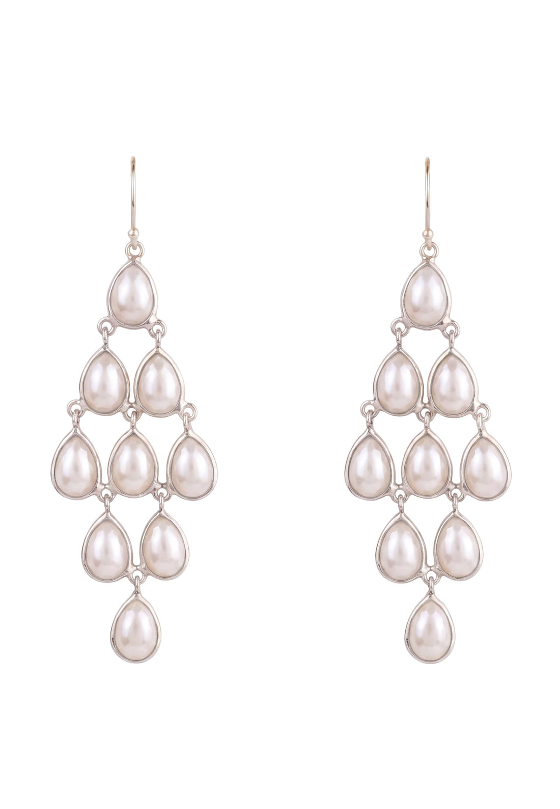 Silver-tone pearl teardrop chandelier earrings with five cascading drops and hook backs