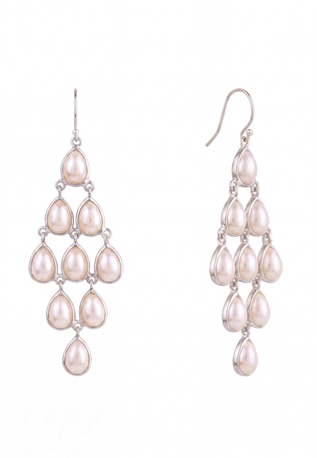 Silver-tone pearl teardrop chandelier earrings set, left and right pair view