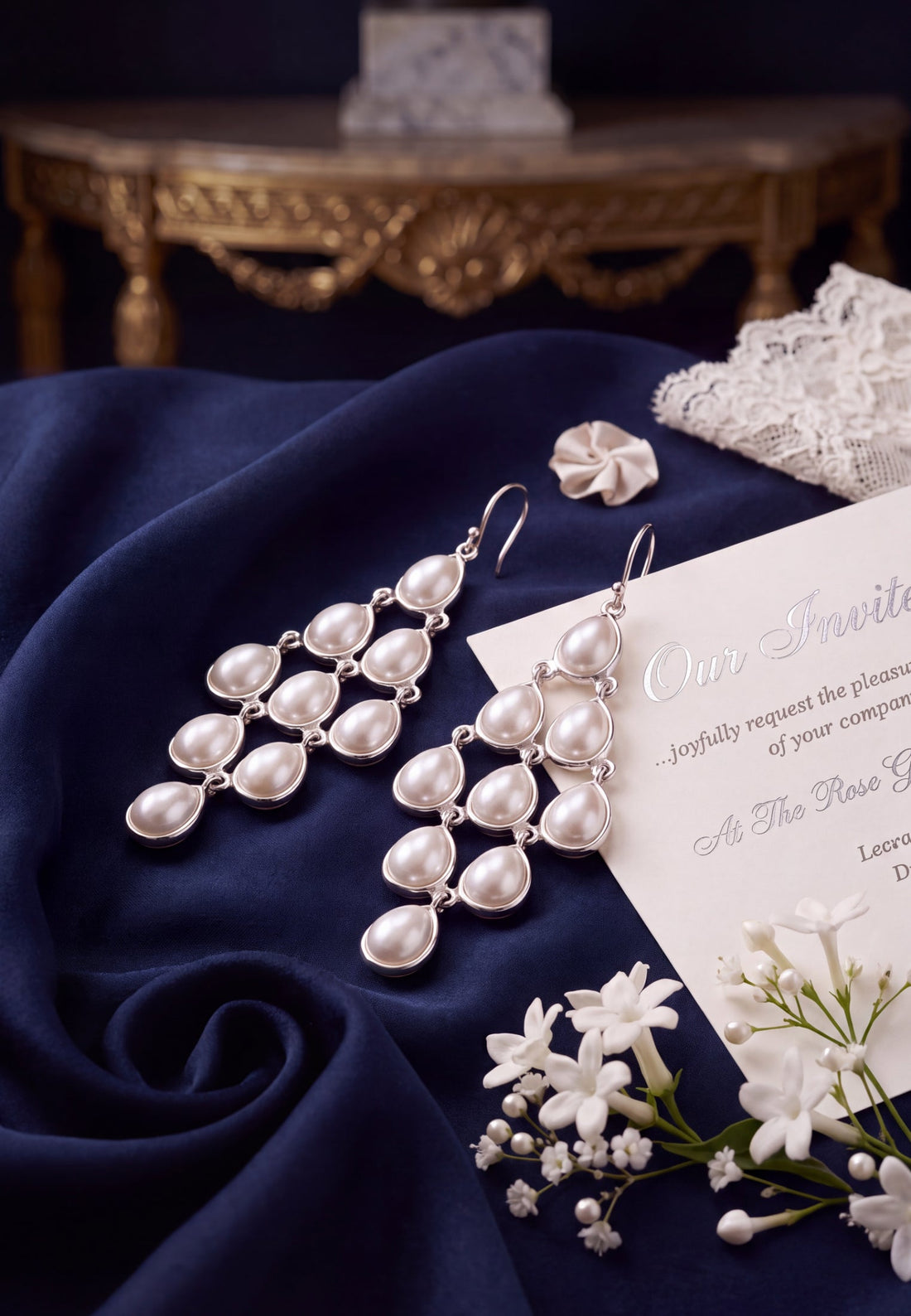 Silver-tone pearl teardrop chandelier earrings, pair shown at angle