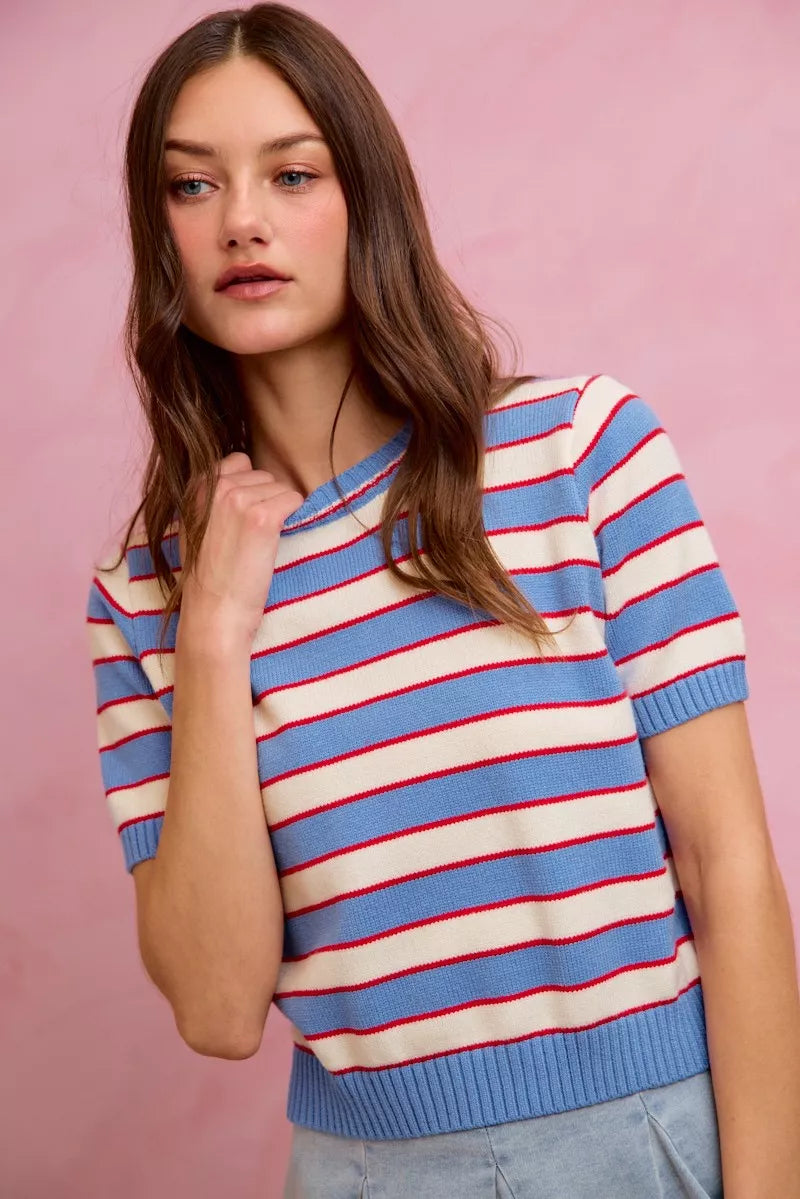 Blue, red and white striped crew neck short-sleeve knit sweater top; ribbed cuffs and hem