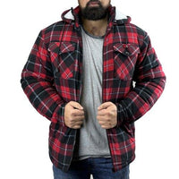 Men's red and black plaid sherpa shirt jacket with hood and zip front