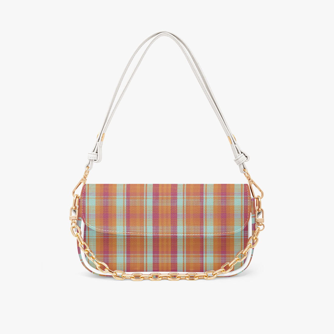Multicolor plaid shoulder bag with white straps and gold chain, front flap