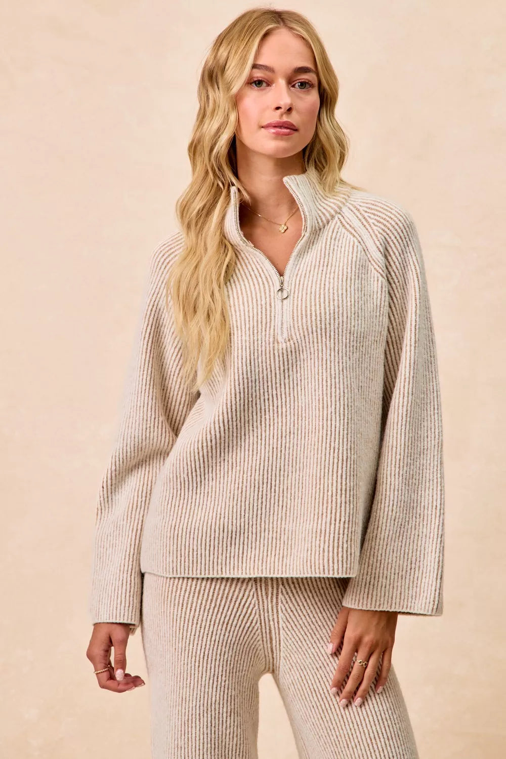 Two-tone taupe ribbed knit quarter-zip collared sweater top, front view