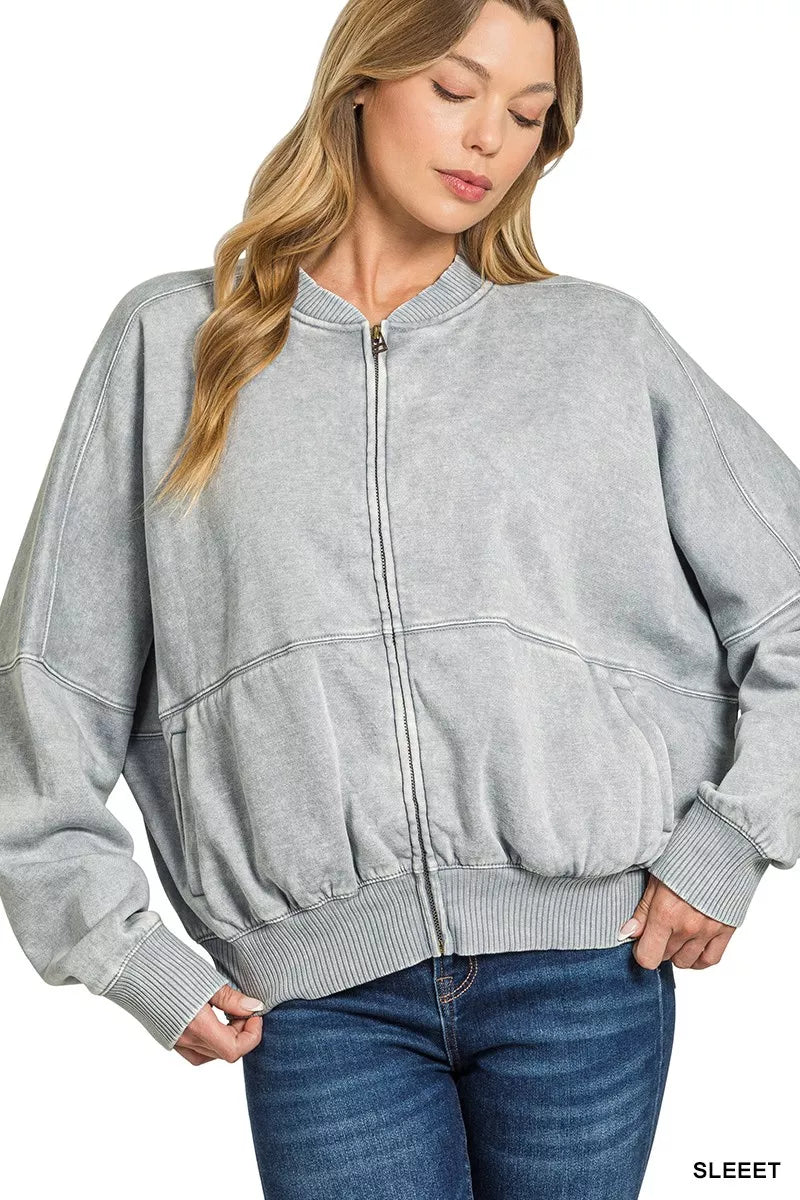 Acid-washed gray fleece full-zip jacket with elastic waist and ribbed cuffs