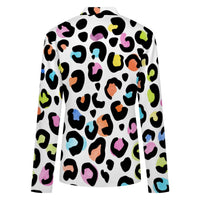 Leopard Print Cardigan Womens White Multi Color Lightweight V Neck Sweater