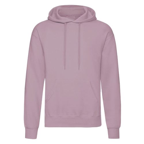 Blush pink pullover hoodie with drawstring hood and front kangaroo pocket