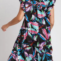Plus size midi dress back detail with ruffled cap sleeves and tiered layers, leaf print.