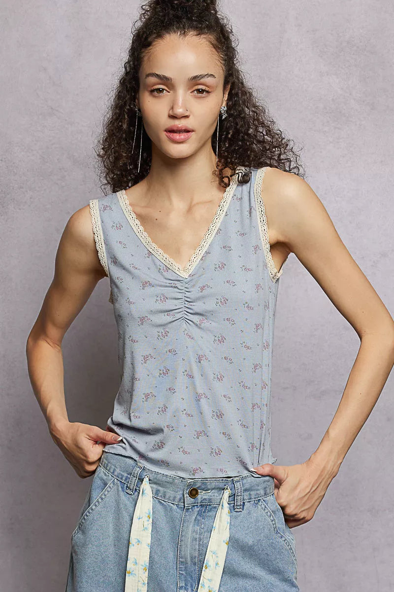 Powder blue ruched floral V-neck tank with scalloped lace trim at neckline