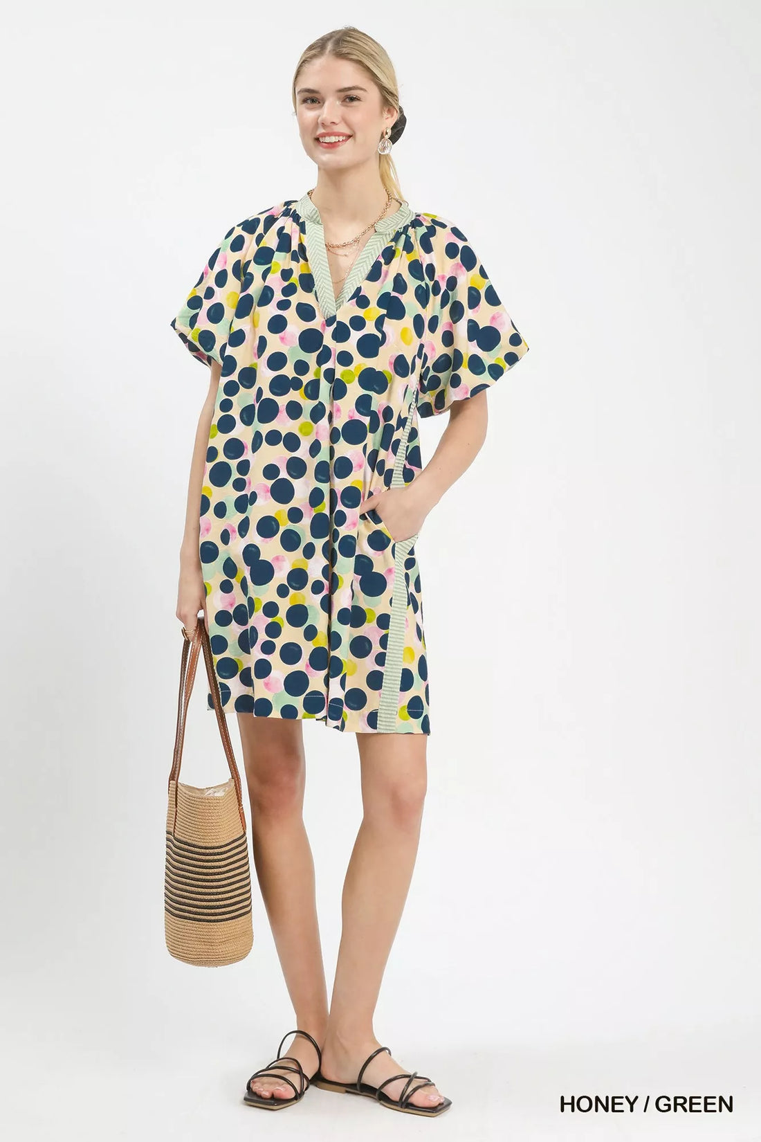 Tunic dress in honey, green and navy with large multicolor polka dots, V-neck