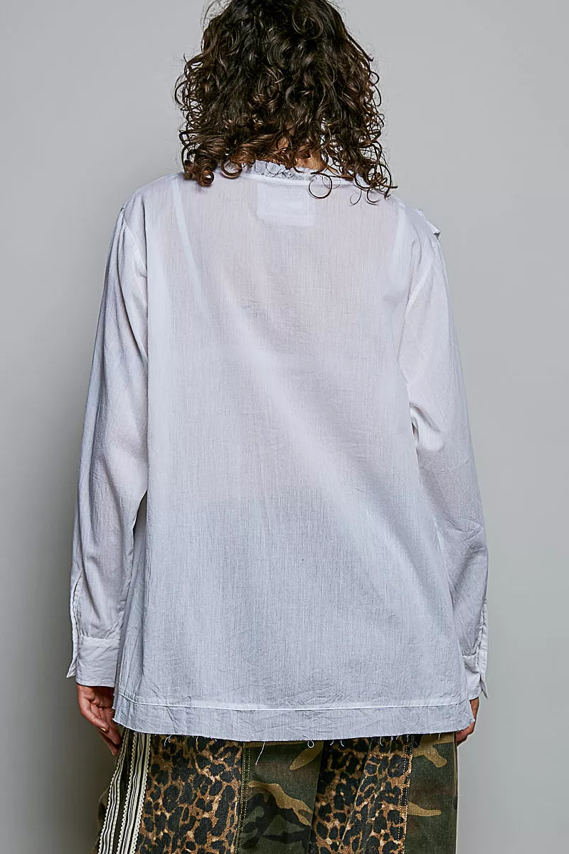 Ivory lightweight woven shirt, back view, long sleeves